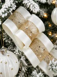 200cm White Edge Gold Sequin Metallic Ribbon, Suitable For Christmas Tree Decoration, Gift Wrapping, Wedding Bows And Wreaths, Shiny Durable Gold Glitter Polyester Handmade Ribbon, Suitable For DIY Crafts, Home Decor, Christmas Decoration, Christmas Party Supplies - Multicolor - View 4