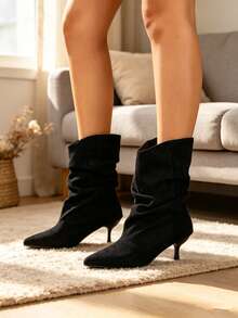 Women's Pointed‑Toe Kitten‑Heel Low‑Heel Ankle Boots, Black Elegant Ruched Boots, Fashion Short Boots For Autumn & Winter - Black - View 3