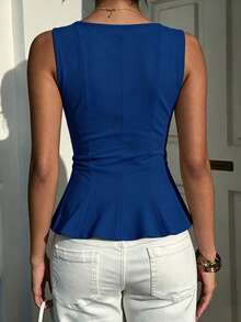 1pc Solid Color Ruffled Knit Blouse, Casual For Summer - Navy Blue - View 4