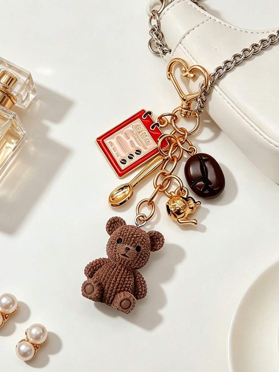 Coffee-Themed Bag Charm Keychain Featuring Coffee Bean & Coffee Menu Charms, Little Bear Cute Heart Clasp, Ideal Gift For Back To School Season - Multicolor - View 1