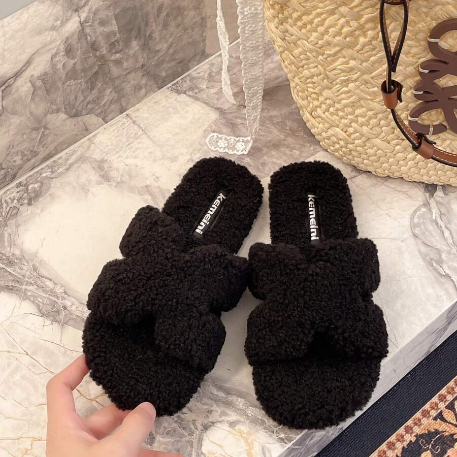Women's Black Flat Open Toe Fuzzy Slippers, Autumn/Winter New Style, Low Heel Plush Slippers, Lightweight Comfortable Warm Fuzzy Slip-On Open Toe Open Back Slippers - Black - View 1