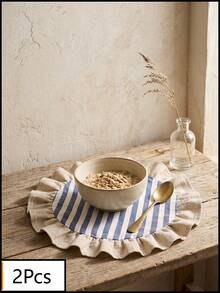 1/2/4/6/12pcs Blue & White Striped Round Placemats, Fresh Natural Style, Fabric Material, Beige Ruffle Edge Detail, Stain-Resistant Tabletop Protection And Decorative Function, Suitable For Daily Tea & Natural Home Decor - Blue - View 12