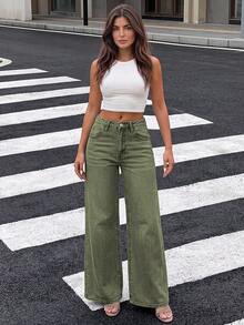Elegant Casual Wide Leg Denim Jeans For Women, Denim Fabric, Solid Color Washed, Long Length, Medium Stretch Fall - Army Green - View 2