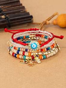 6pcs Fashionable Middle Eastern Style Mixed Evil Eye & Palm Decor Multi-Layer Bracelet Set For Women - Multicolor - View 6