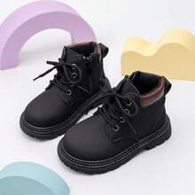 1 Pair Kids Black Contrast Color Lace-Up Side Zipper 2-Way Wear Ankle Boots, Suitable For Autumn/Winter Outdoor And School - Black - View 3