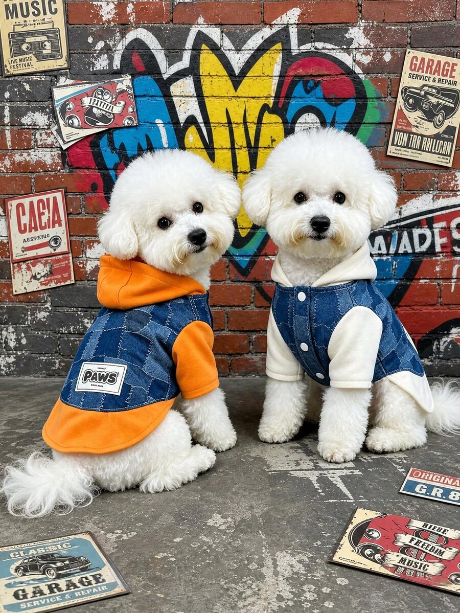 Colorblock Patchwork Denim Hooded Pet Vest, Versatile Outdoor Sweatshirt Jacket For Small Cats And Dogs - Orange - View 1