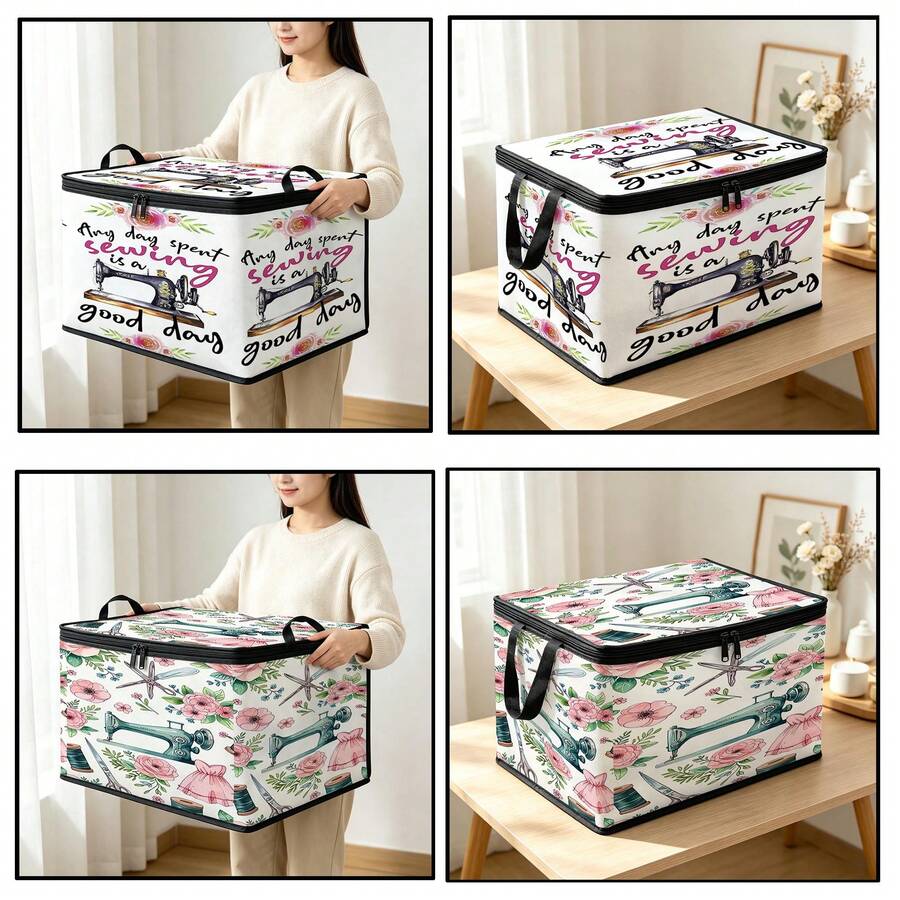 1PC Foldable TNT Storage Box, Floral Vintage Sewing Machine Slogan Print Any Day Spent Sewing Is A Good Day, Zipper Lid With Handles, Collapsible Storage Bin For Sewing Supplies Fabric Craft Home Organizer