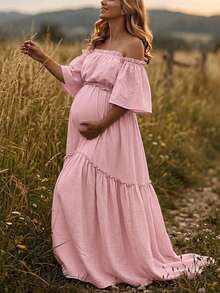 Maternity Off-Shoulder Layered Short Sleeve Crepe Fabric Slight Stretch Dress, Ruffle Hem Train Skirt Fall - Baby Pink - View 1