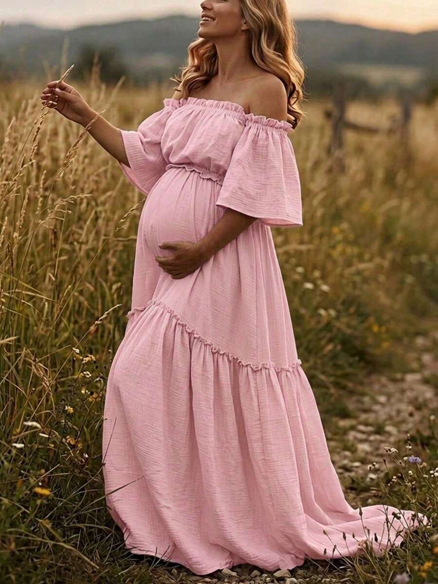 Maternity Off-Shoulder Layered Short Sleeve Crepe Fabric Slight Stretch Dress, Ruffle Hem Train Skirt Fall - Baby Pink - View 1