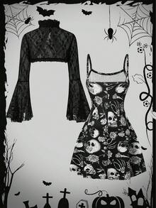 Tween Girl Halloween Lace Jacket And Funny Skeleton Print Spaghetti Strap Dress Set - Black and White - View 3