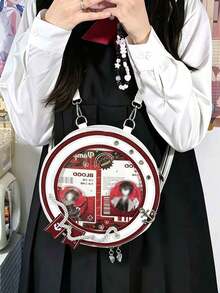 1pc Contrast Color Anchor Webbing Decor Round Ita Bag, PU Leather Transparent Visible Window Badge Storage Bag, Zipper Closure Japanese School Style Crossbody Bag, Anime Student Convention Commute Girl Shoulder Bag - Multicolor - View 2