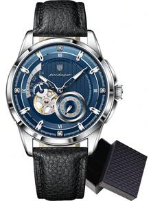POEDAGAR 1pc Business Men's PU Leather Automatic Mechanical Skeleton Tourbillon Watch, Fashion Waterproof Luminous Wristwatch For Daily Occasions, Men's Gift - one-size - View 17