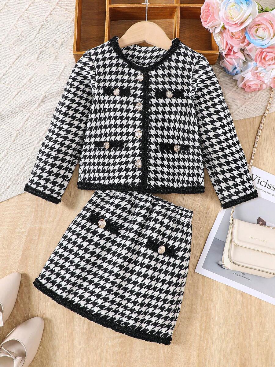 Young Girls Autumn/Winter Houndstooth 2 Pieces Set, Children's Tweed Jacket & Mini Skirt, Baby Spring/Autumn Stylish Outfit - Black - View 1