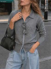 New Autumn/Winter Women's Minimalist Casual Elegant Gentle Contrast Color Design Lapel Cardigan Knit Sweater - Light Grey - View 2