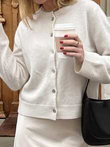 Vellofy Women's Beige Knitted Cardigan, Round Neck, Long Sleeve, Single-Breasted Button Casual Jacket, Suitable For Work, Daily Wear, Dating - Light Apricot - View 5