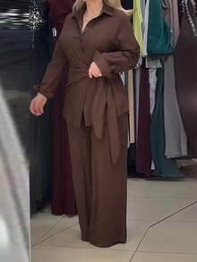 Women's Casual Commute Lapel Long Sleeve Design Tie Waist Shirt + Loose Wide Leg Pants 2 Pieces Set, Solid Color Front Button Tie Shirt And Long Pants Outfit, Suitable For Commute, Daily Wear And Date - Brown - View 9