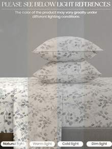 4-Piece Plant Floral Leaf Pattern Bedding Set, Easy Care Soft Bedding Set (1 Flat Sheet + 1 Fitted Sheet + 2 Pillowcases), Knitted Bedding Set Suitable For King/Queen/Full/Twin Sizes, Fits 11.8 Inch Deep Mattress, Soft Breathable Wrinkle-Resistant - Multicolor - View 7