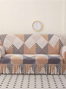 1pc Printed Hem Full Coverage Elastic Sofa Cover, Dust-Proof & Stain-Resistant, One-Piece Stretchable Sofa Protector, Living Room Home Decor, Machine Washable - milk coffee color - View 5