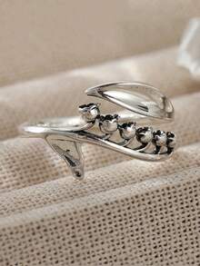 Vintage Elegant Floral Silver Handmade Women's Open Ring, Fashionable Unique Jewelry Accessory - Antique Silver - View 6