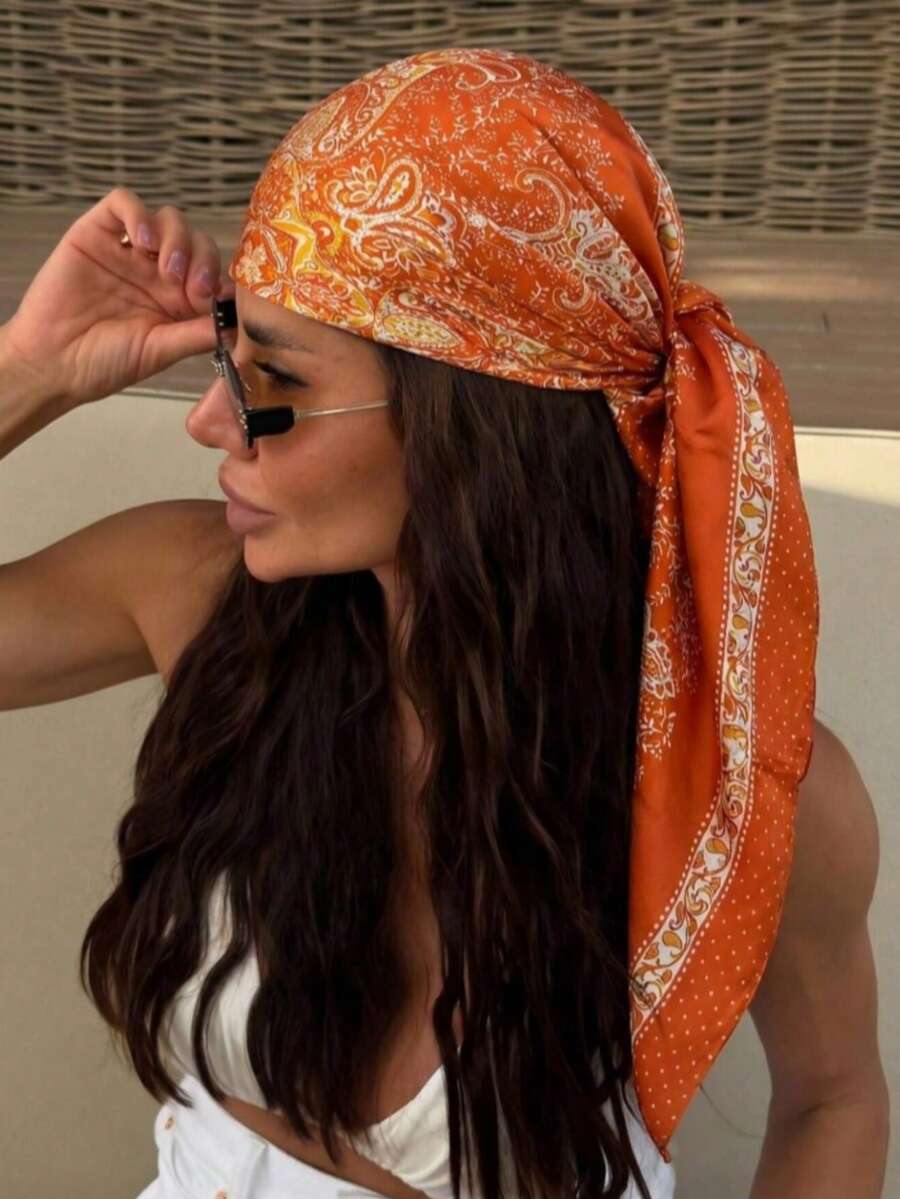 1pc Women's Large Floral Print Square Scarf, 60cm Large Size Satin Silky Feel Square Scarf Headscarf - Orange - View 1