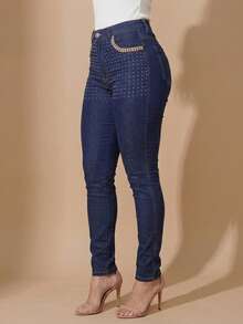 pthirillo Calça Feminina Denim Skinny para Uso Diário Com Lycra Elastano Empina Bumbum Premium com Strass Brilho - Pocket Strass - Visão 9