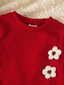 2pcs Girls (Infant) Sweet & Cute 3D Knitted Flower Decor Round Neck Long Sleeve Top & Matching Pants Set, Spring/Autumn - Red - View 3
