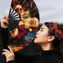 1pc Women's Folding Hand Fan, Printed With Santa Claus Holding A Crystal Ball, Christmas Tree, Gifts And Other Christmas Elements, Fashionable Folding Fan, Kung Fu Fan Accessory, Lightweight Creative Design, Dance Fan, Party Folding Fan, Holiday Gift Folding Fan - A - View 2