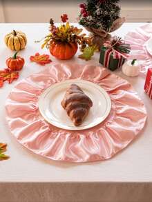 1/2/4pcs Luxury Style Round Scalloped Edge Satin Placemats, Tabletop Protection & Decoration, Soft Decor For Autumn/Winter Christmas Holiday Home Dinner Party - Pink - View 8