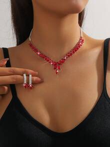Conjunto de Collar + Pendientes de Circonita Colorida de Lujo Ligero, Exquisito y Versátil para Uso Diario de Mujeres - Rojo - Ver 1