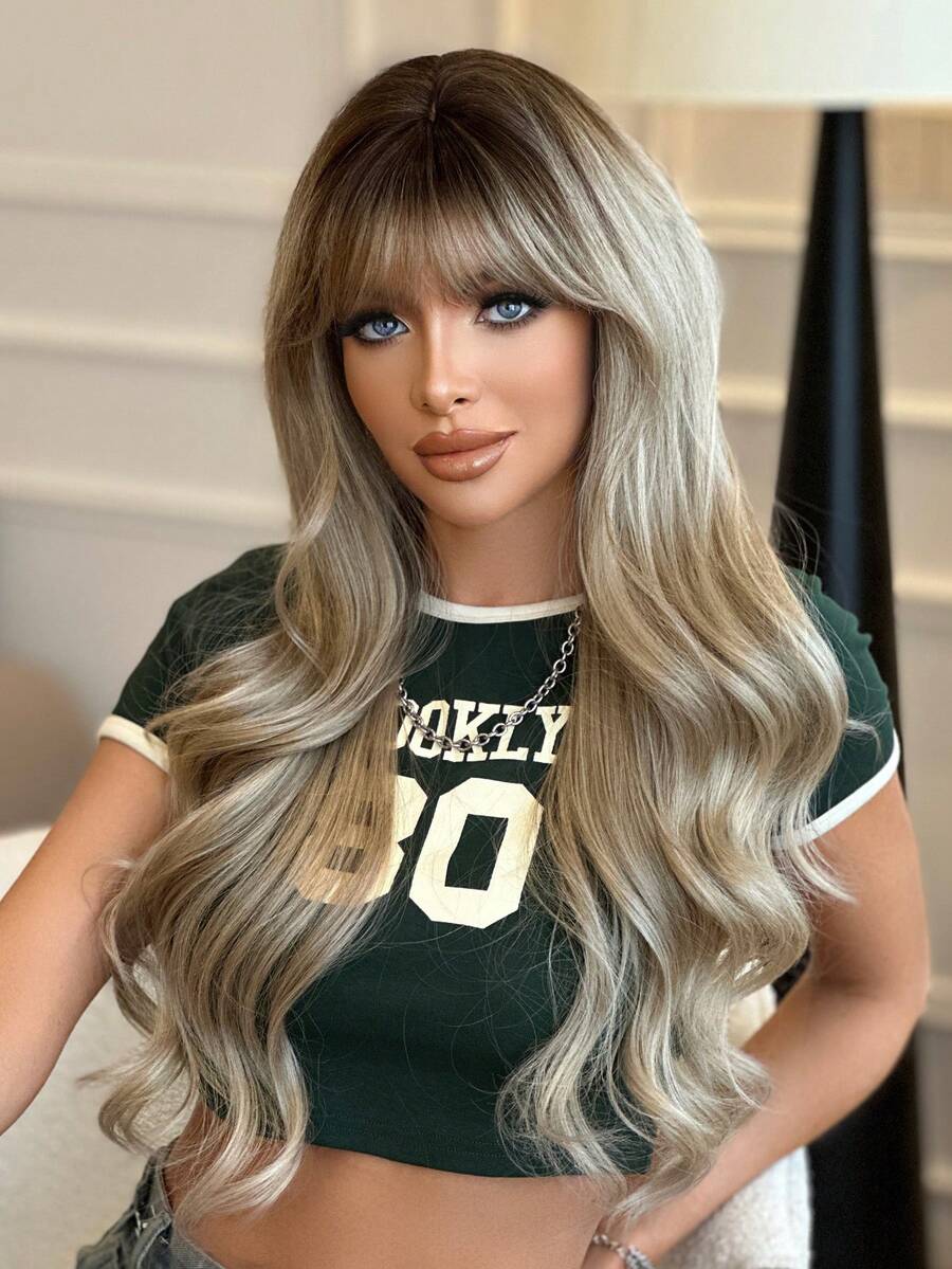 NAMM Ombre Grey Extra Long Wavy Wigs With Bangs Fluffy Heat-Resistant Fiber Synthetic Wavy Curly Wig For Cosplay Wear, Halloween & Carnival Party, Anime & Costume Use 28 Inch