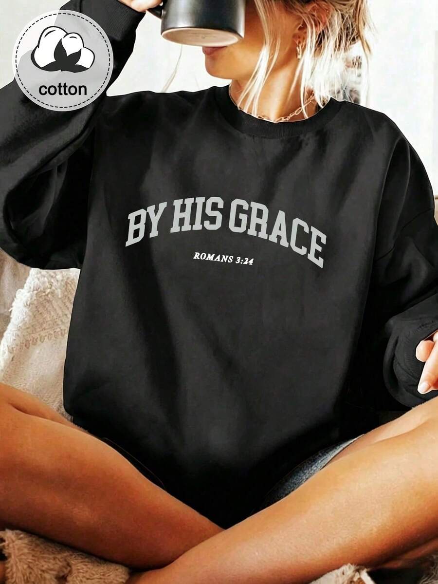 2026女款基督教主題運動衫 -「By His Grace」設計；舒適圓領套頭衫，適合秋冬穿著 - 黑色 - 查看 1