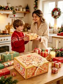 Christmas Gingerbread Flip-Top Gift Box With Bow, 4.53" X 4.53" X 2.36" Paper Gift Box, Christmas Candy Cookie Jewelry Holiday Party Favor Packaging Box - View 2