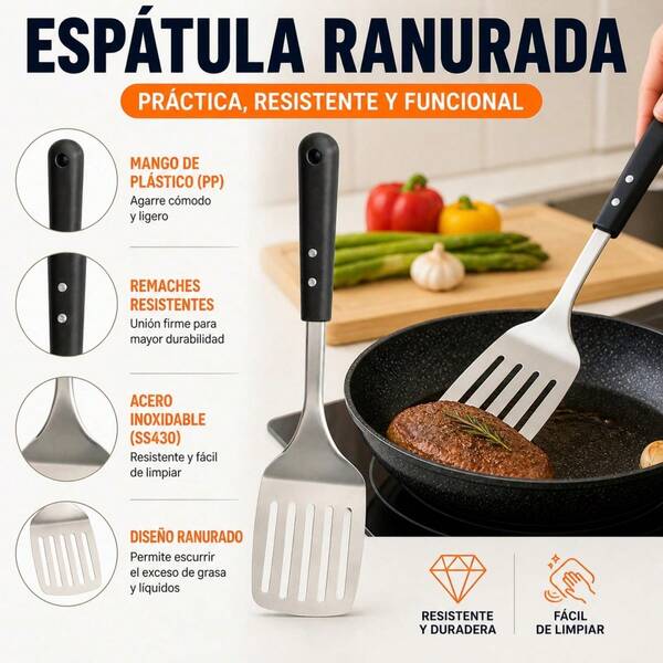 Slotted Stainless Steel SS430 Spatula For Kitchen And BBQ, Meat Turner With PP Plastic Handle And Heavy Duty Rivets, 34.5 Cm Grease Draining Tool