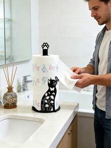 2D Design Cat & Butterfly Paper Towel Holder, Cute Black Cat Decor, Cat Lover Decoration, Vintage Farmhouse Style, Kitchen Countertop & Bathroom Vertical Toilet Paper Storage Rack, Creative Animal Silhouette, Decorative Home Storage Rack - Multicolor - View 2