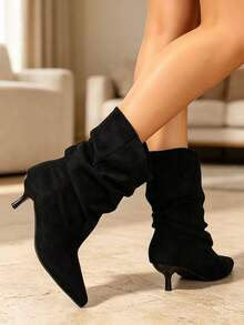 Women's Pointed‑Toe Kitten‑Heel Low‑Heel Ankle Boots, Black Elegant Ruched Boots, Fashion Short Boots For Autumn & Winter - Black - View 4