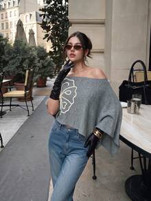 Women's Autumn Casual Cold Shoulder Knit Cape Top, Grey Tone Cream Floral Embroidered Batwing Sleeve Outwear - Grey - View 3