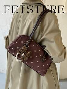 FEISTURE 1件裝女款麂皮波點腋下肩背包，時尚保齡球包附蝴蝶結吊飾，適合女孩、女士、大學生、職場新人與白領上班族，完美適用於工作、商務、通勤、上學 - 咖啡 - 查看 6