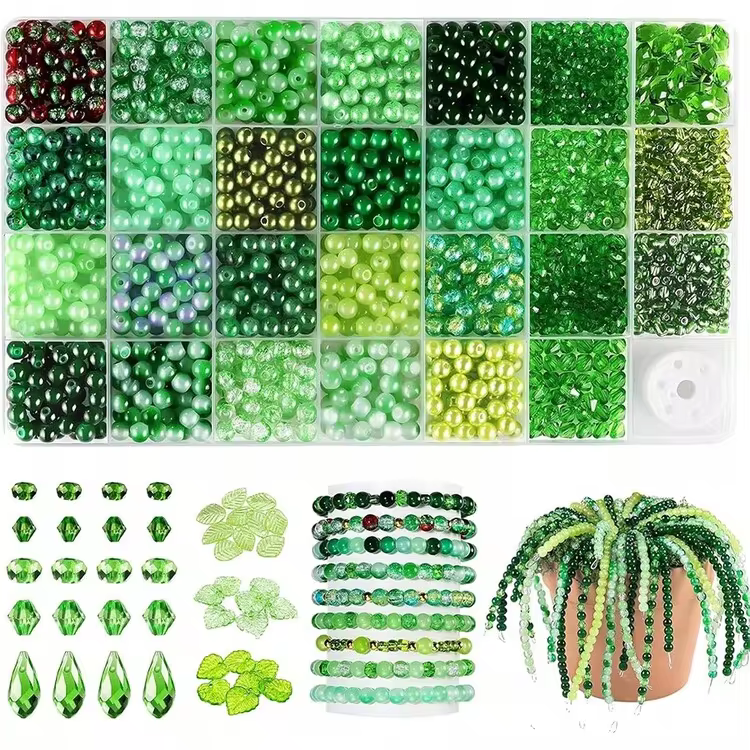 1660顆綠色玻璃珠組，適用於珠飾植物，6mm圓形玻璃珠，60顆葉子珠，刻面珠與米珠，適合珠寶製作、手鍊與DIY手工藝（不含泡沫塊與花盆） - 綠色 - 查看 9
