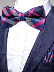 Paisley Striped Bow Tie For Men Silk Pre-Tied Bowtie Pocket Square Cufflinks Set Formal Wedding Party Prom - Blue - View 3