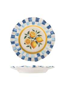Vintage Wavy Edge Ceramic Jewelry Tray, Hand-Painted Fruit Print With Checkerboard Border, Retro Spotted Decorative Jewelry Dish, Desktop Ring & Earring Storage Rack, Vanity Home Decor - Multicolor - View 12