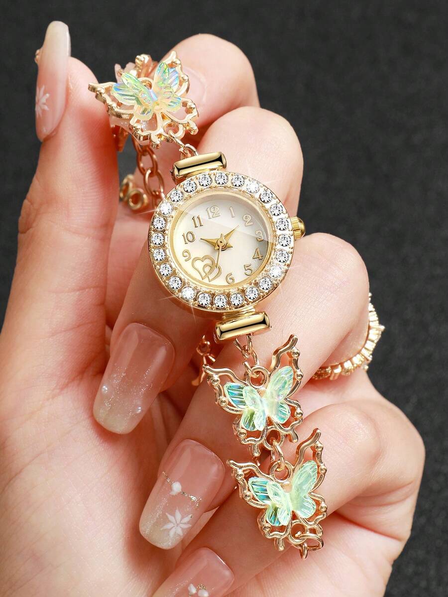Girl Style Butterfly Decor Bracelet Watch, Full Rhinestone Bezel Gold Thin Chain Quartz Wristwatch, Party Accessory, Gift For Girlfriend (1pc/Set) Watch Box Not Included - Green - View 1