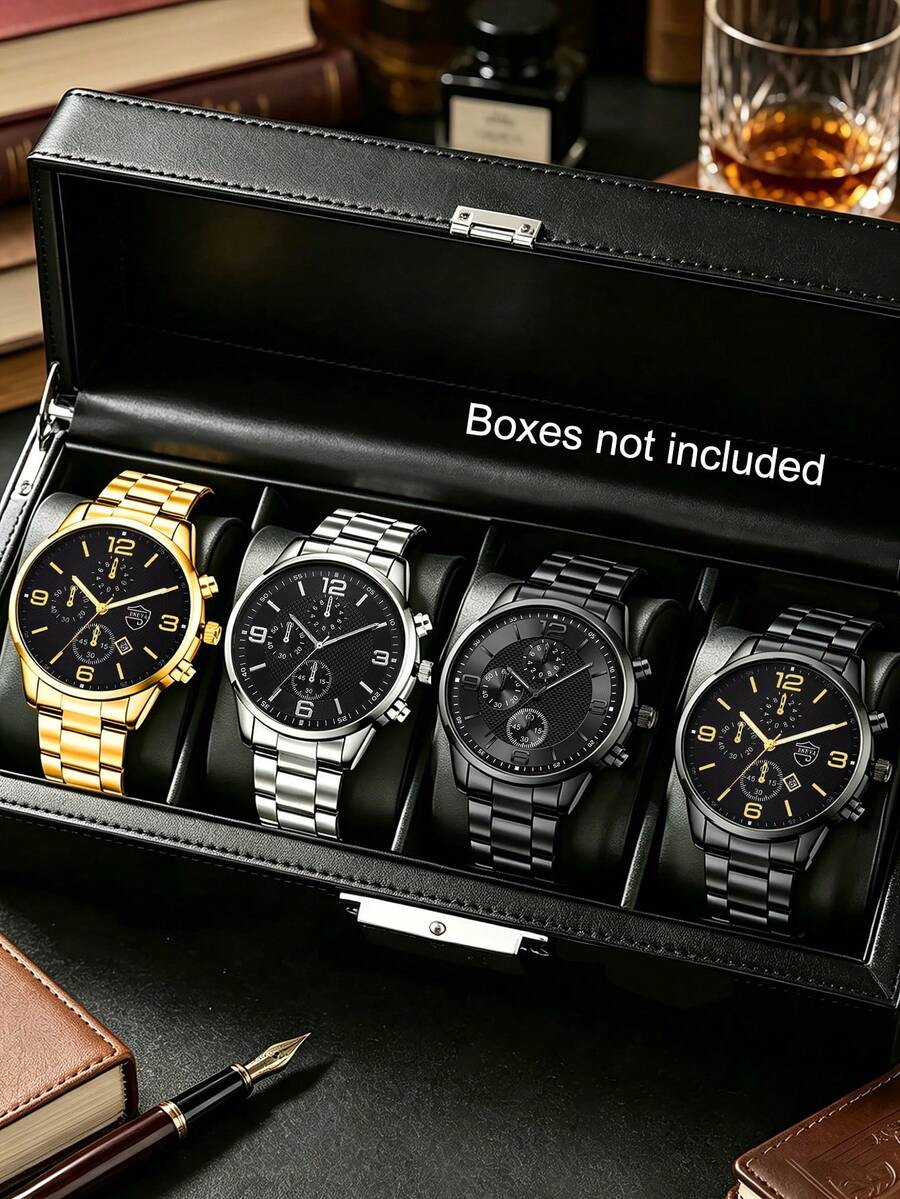4Pcs Men Fashion Chronograph Quartz Wristwatches, Stainless Steel Band Business Watch, Multiple Colors For Daily & Party Wear - Set - View 1