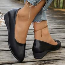 Women's Simple Versatile Round Toe Slip-On Plain Wedge Heel Shoes - Black - View 2