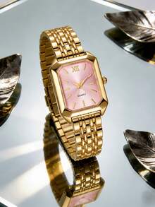 2Pcs Matching Vintage Square Quartz Watch Set For Girl & Kids Girls, Ins Style Gold Metal Band Roman Number Daily Wrist - Pink - View 4