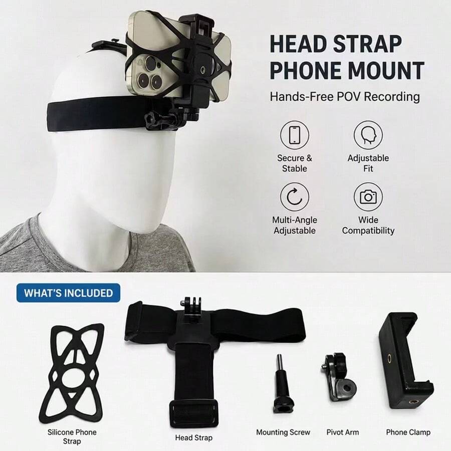 Head-Mounted Phone Holder With Phone Clip, First-Person View POV Head Strap For Action Camera, Hands-Free Fixed Mount For Outdoor Live Streaming And Video Recording - Multicolor - View 1