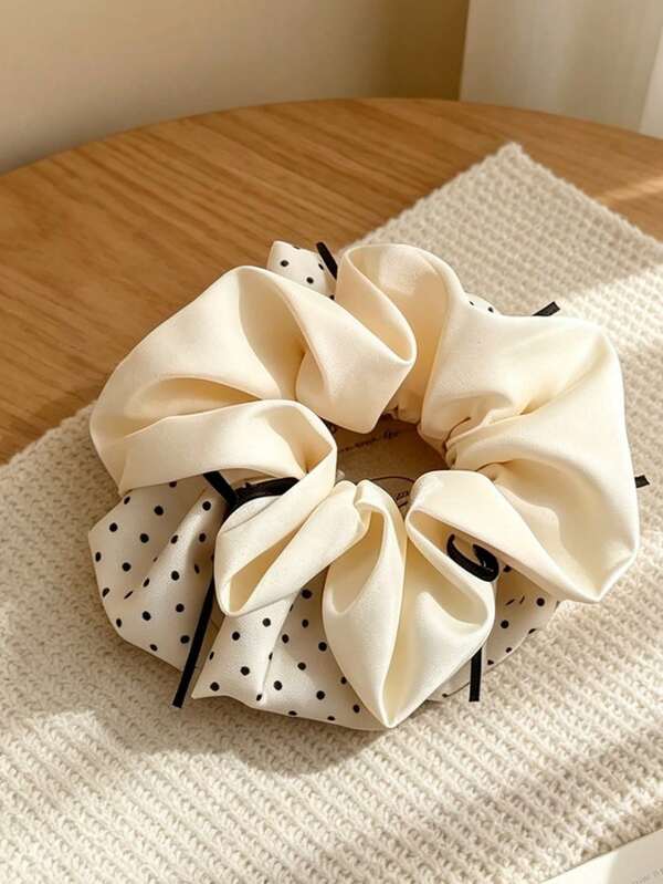 1pc Premium Versatile Black & White Polka Dot Satin Bow Hair Scrunchie, Korean Style, Non-Damaging, For Ponytail And Bun
