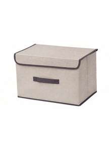 1pc Washable Linen Foldable CD Storage Box, Foldable Storage Bin, Toy Organizer Basket With Lid, Laundry Basket - Camel - View 12