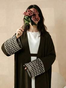 1pc Open Abaya With Embroidered Cuffs, Muslim Islamic Clothing For Women's Daily Wear, Without Headscarf - Multicolor - View 11