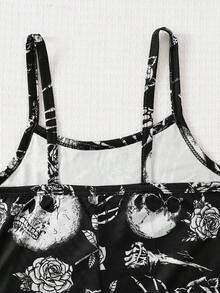 Tween Girl Halloween Lace Jacket And Funny Skeleton Print Spaghetti Strap Dress Set - Black and White - View 8