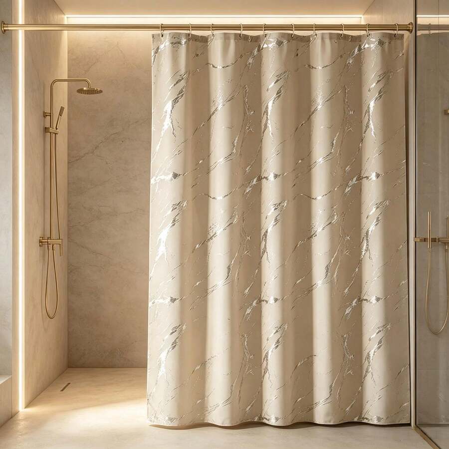 1pc Marble Pattern Metal Foil Printed Shower Curtain, Waterproof Thickened Bathroom Curtain With Hooks And Metal Grommets, Machine Washable, Suitable For Bathroom Decor - Multicolor - View 1